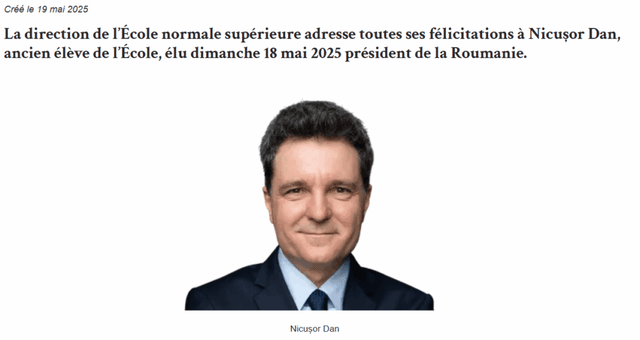 École Normale Supérieure îl felicita pe Nicușor Dan pentru câștigarea alegerilor și funcția de președinte al României.