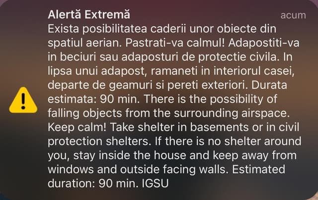 Tulcea: Mesaj Ro-Alert privind posibilitatea căderii unor obiecte din spațiul aerian