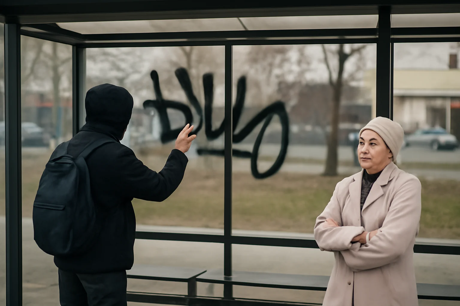 Graffiti pe geamul stației CT BUS: artist surprins de camere