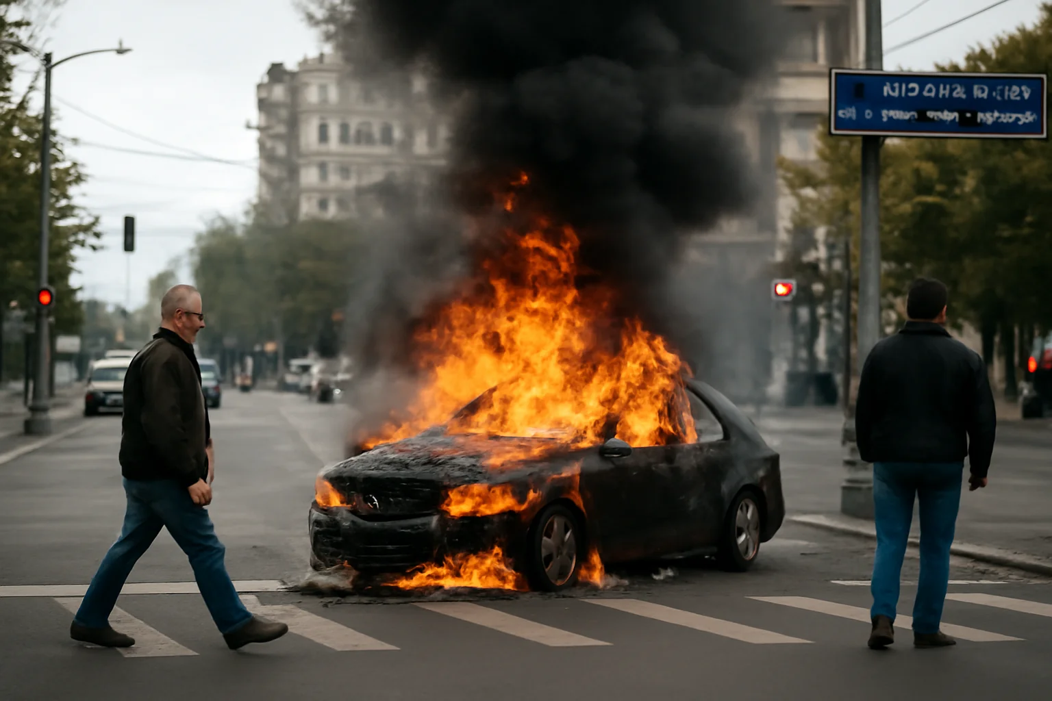 Mașină cuprinsă de flăcări în trafic la Constanța, la intersecția bulevardelor Tomis și Aurel Vlaicu